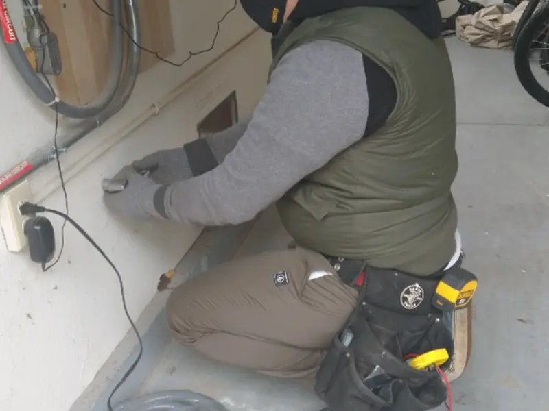 Electrician performing outlet wiring in a Sharon garage